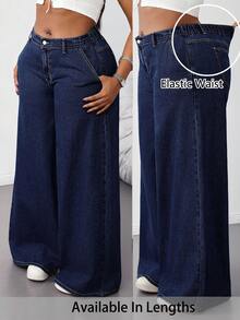 SHEIN Tall CURVE 大码夏季秋季返校季可爱2000年代风格卡哇伊Y2K机场休闲老钱风图卢姆水洗低腰阔腿蓝色宽松牛仔裤 - 深色水洗藍 - 查看 2