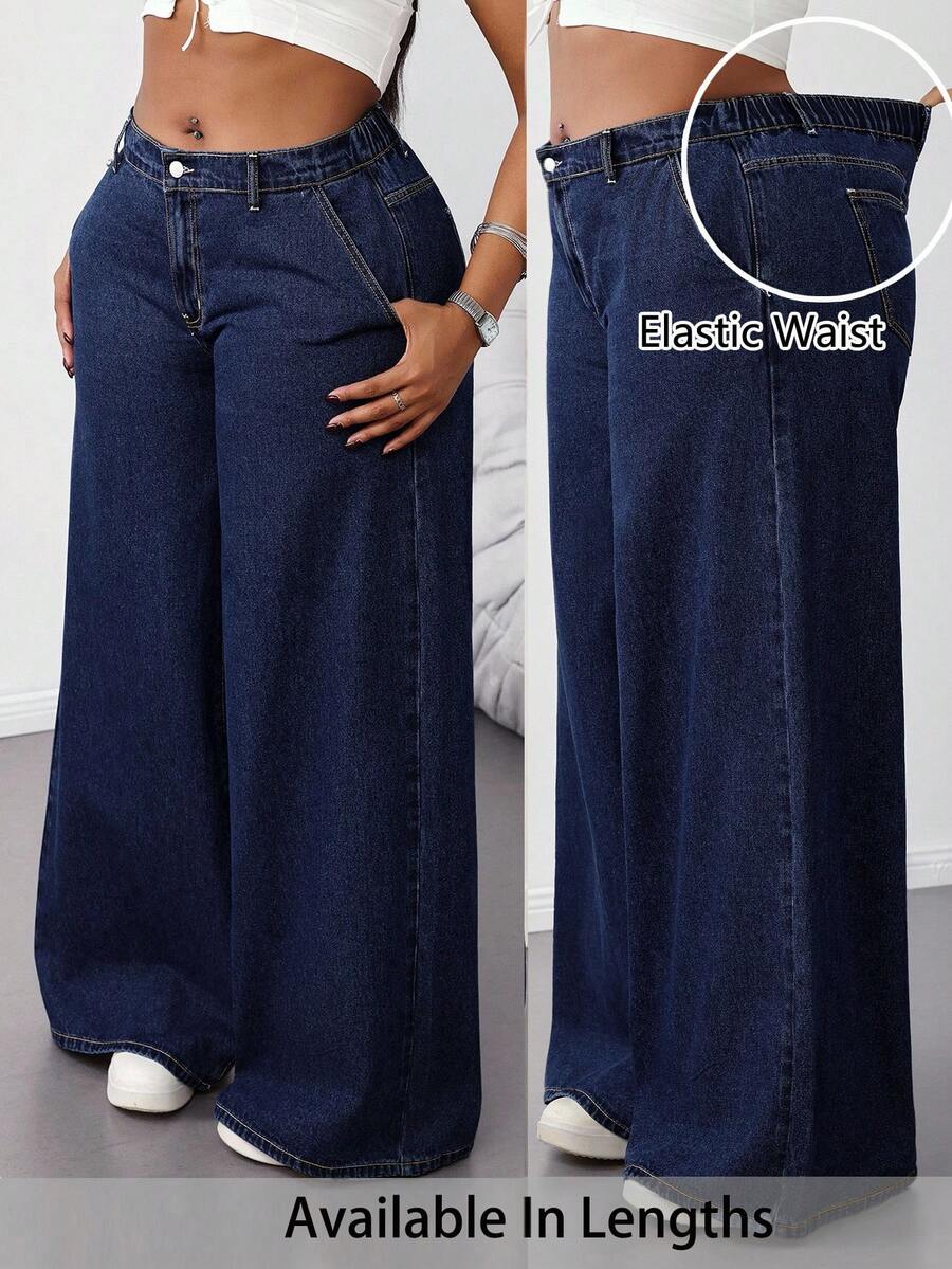 SHEIN Tall CURVE 大码夏季秋季返校季可爱2000年代风格卡哇伊Y2K机场休闲老钱风图卢姆水洗低腰阔腿蓝色宽松牛仔裤