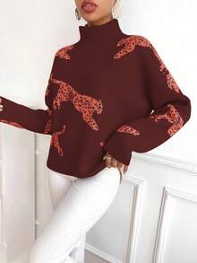 SHEIN Clasi Sweater Pullover Kasual Wanita Motif Leopard dengan Kerah Tegak - Coffee Brown - View 6