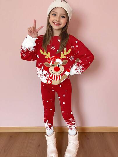 2 Stück/Set Angola Rot Weihnachten süßer Schneeflocke, Schleife Hirsch Tween-Mädchen Lässig Dicke Weiche Bequeme Langarm Sweatshirt und Leggings Set, geeignet für Herbst/Winter, Weihnachtsparty, Neujahr, Street-Style, Zuhause
