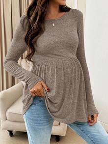 SHEIN Comfortable Khaki Maternity T-Shirt Long Sleeve Round Neck Knitted Flared Long Top - Khaki - View 6