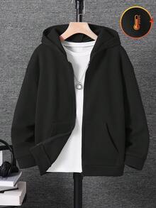SHEIN 兒童 1 件大童男孩黑色連帽冬季開襟衫 寬鬆版型 秋季休閒城市運動學院風復古貼袋 開學日常穿搭 - 黑色 - 查看 4