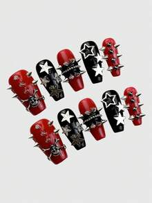 Anime 10pcs Y2K Cute Heart, Star, Bow, Wing Nail Art Stickers With Tape - Black red - View 2