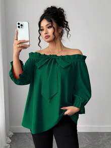 Elenzga Áo cánh trễ vai tay lửng thời trang đơn giản cỡ lớn dành cho nữ, đa năng khi đi làm hàng ngày, thanh lịch và thời trang - Màu xanh lá cây đậm - Xem 1