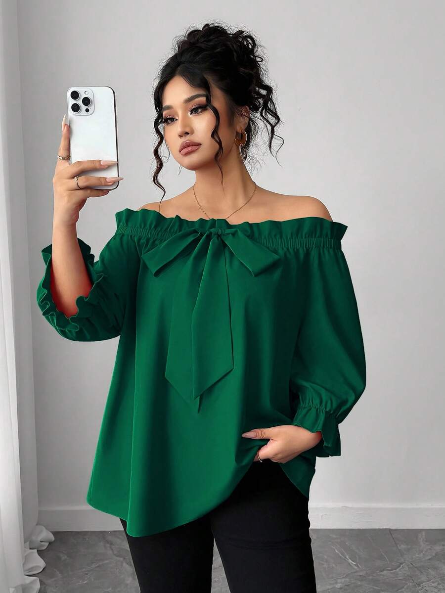 Elenzga Áo cánh trễ vai tay lửng thời trang đơn giản cỡ lớn dành cho nữ, đa năng khi đi làm hàng ngày, thanh lịch và thời trang - Màu xanh lá cây đậm - Xem 1
