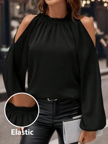 Editum 1pc Women's Open Shoulder Blouse, Romantic Elegant Ruched Long Sleeve Green, For Social & Casual Wear