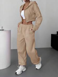 SHEIN EZwear Bộ đồ thể thao thường ngày bằng vải kaki dệt kim dành cho nữ - Màu Khaki - Xem 5