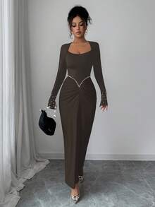 Elenzga 秋冬新款优雅淑女珍珠装饰腰部褶饰修身精致优雅高端黑白撞色设计连衣裙，适合生日派对、宴会、约会 - 棕色 - 查看 4