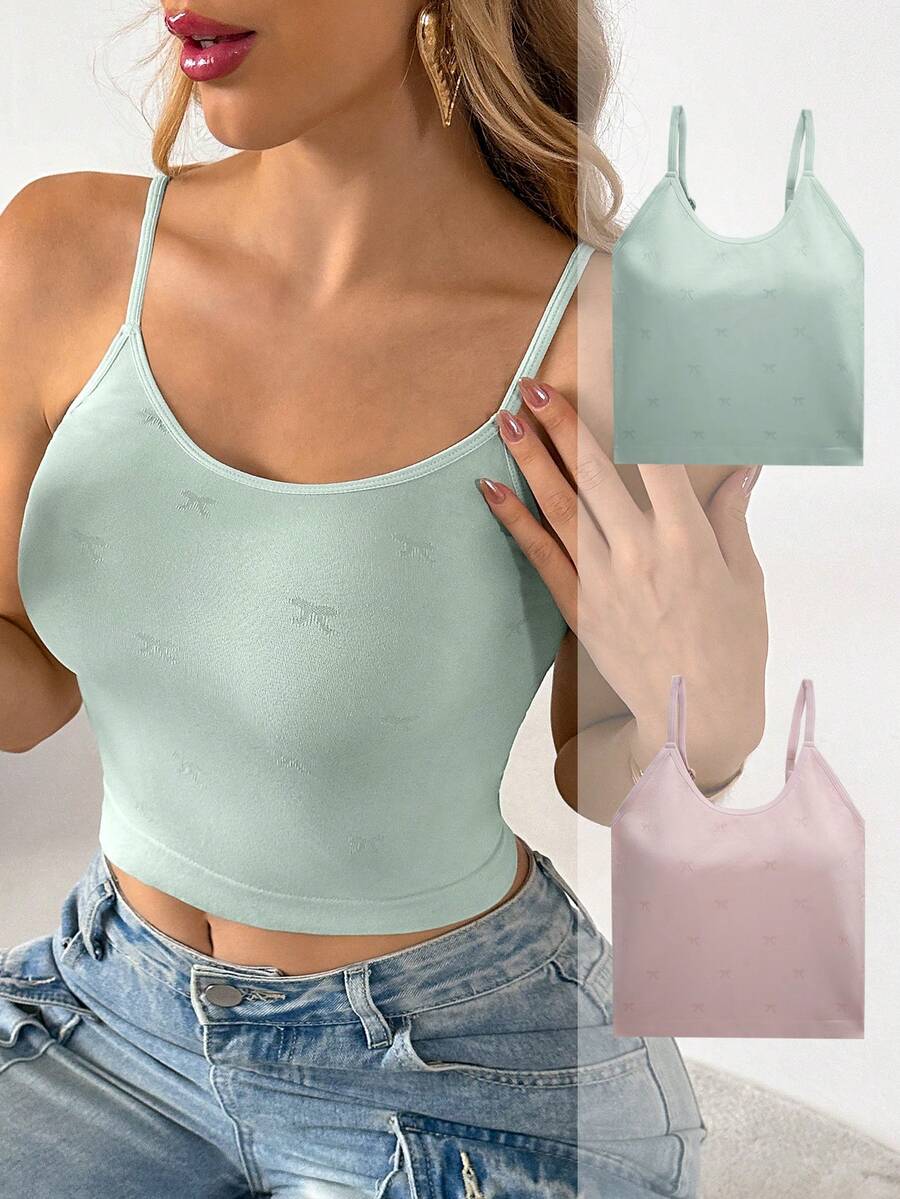 SHEIN 2 piezas Camisetas sin relleno cómodas y sin costuras para mujer (ajuste regular) - Multicolor - Ver 1