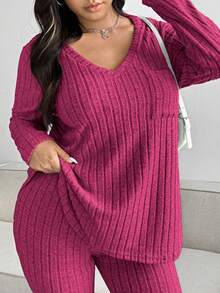 Vionelle Plus Size Solid Color Textured V-Neck Top And Pants Set Fall - Hot Pink - View 7