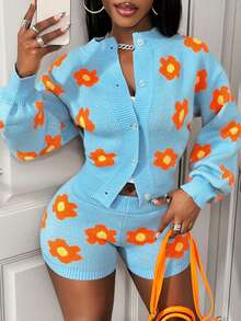 BamGleam Áo len nữ hai mảnh cardigan dệt kim dài nút trắng cam vàng họa tiết hoa áo vest nhỏ hở rốn ngắn thường ngày gợi cảm du lịch nghỉ dưỡng thường ngày tiệc tùng quần áo nữ xuân thu hè đông thu - Màu xanh lam - Xem 1