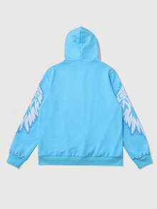 ROMWE MEN Street Life Áo hoodie họa tiết cánh và chân dung thường ngày cho nam, mùa thu - Màu xanh lam - Xem 2