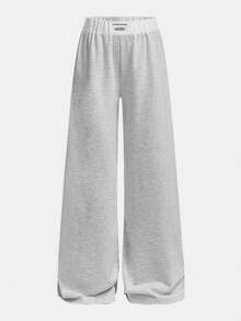 SHEIN 少女返校季学院风运动宽松休闲简约舒适中腰拼色腰带阔腿裤，适合街头、大学、运动、居家穿着 - 灰色 - 查看 2