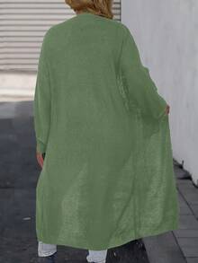 SHEIN LUNE Plus Size Women Solid Color Drop Shoulder Long Sleeve Pocket Design Casual Long Knitted Cardigan, Autumn/Winter - Mint Green - View 2