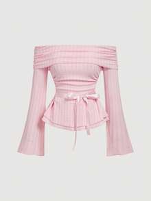 SHEIN MOD Áo thun nữ màu trơn, tay bồng, trễ vai, đính nơ, kiểu dáng thời trang, màu hồng, thích hợp mặc dự tiệc, thanh lịch, phù hợp cho ngày Valentine, mùa xuân, đi biển, kỳ nghỉ hè. - Hồng - Xem 3