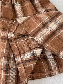 Playful Pals 1件装年轻女孩复古格子裙棕色休闲JK风格松紧腰百褶短裙适合春秋冬日常穿着 - 棕色 - 查看 4