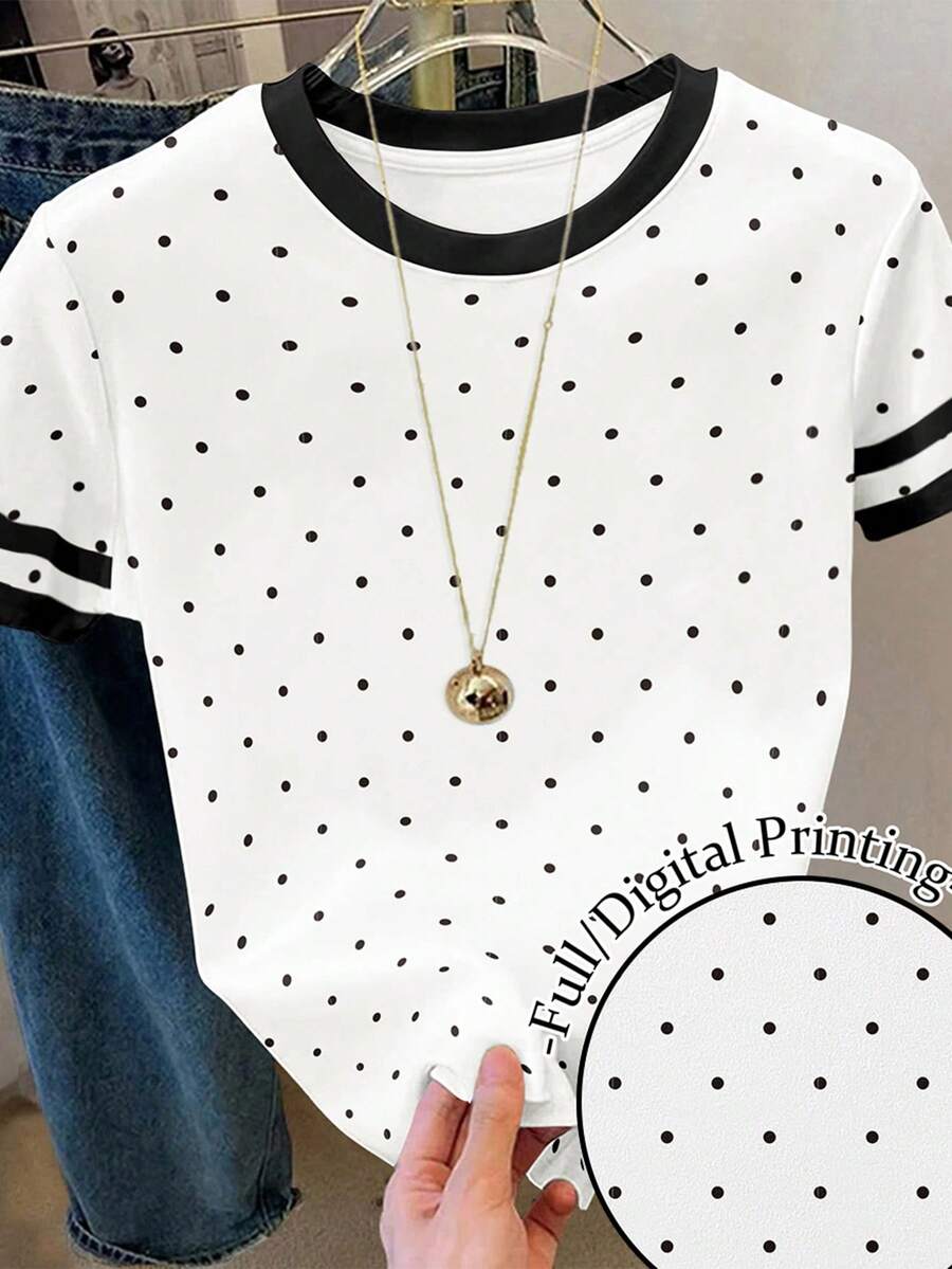 SHEIN Polka Dot Print Ringer Tee Graphic Tees Women Tops - Multicolor - View 1