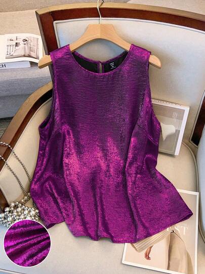 GlowEve CURVE Plus Size Women Loose Fit Round Neck Luxury Metallic Casual Tank Top, Suitable For Daily Summer And Holiday Party Wear