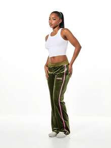 SUMWON WOMEN Velour Wide Leg Joggers With Pink Contrast Stripe And Star Design - Green - View 3