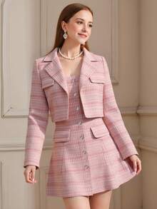 SHEIN 2pcs/Set Teenager's Spring/Autumn Short Blazer Jacket + Tube Dress, Suitable For Daily Outing, Party And Other Occasions - Pink - View 1