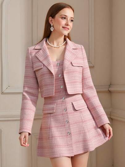 SHEIN 2pcs/Set Teenager's Spring/Autumn Short Blazer Jacket + Tube Dress, Suitable For Daily Outing, Party And Other Occasions