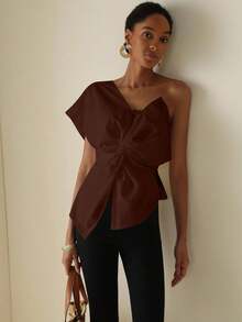 Vesra Women's Solid Color Minimalist Twist + One Shoulder Blouse - Rust Brown - View 3