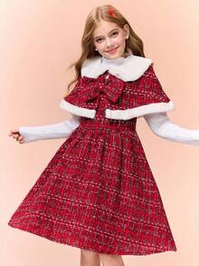 Girls' Christmas Wine Red Flared Dress With Bowknot Cape Jacket, Winter - Burgundy - View 6