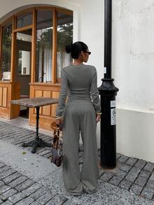 Muchica 女式灰色图案印花圆领长袖针织上衣和裤子两件套，秋季 - 深灰色 - 查看 2
