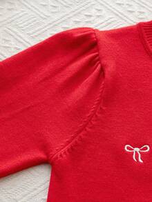 Elladie kids 4-7 Years Old Girls Red Knitted Cardigan, Featuring Elegant Black Bow Embroidery, Contrast Trim Design, Cute And Stylish For Holiday Celebrations Or Everyday Wear Fall Winter - Red - View 4