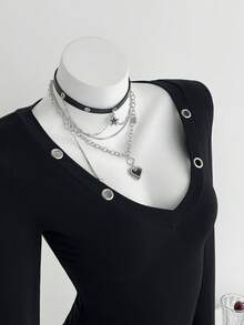 SHEIN Unity 黑色深 V 朋克复古金属环装饰修身长袖 T 恤女式秋冬简约百搭派对性感复古 Y2K 日常穿着 - 黑色 - 查看 6