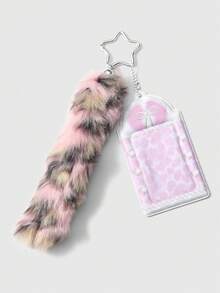 ROMWE Anime 1件Y2K风格复古极简高品质黑白渐变人造毛皮尾巴，PVC亮面卡包，带有音乐元素、波点翅膀、钢琴键、星星钥匙扣吊坠，适合女性日常佩戴和节日礼物 - 粉色-48 - 查看 6