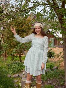 Teen Girls' Spring/Autumn Gingham Print Fitted Bubble Sleeve Crew Neck Casual Dress For Outing, Party, Vacation - Baby Blue - View 1