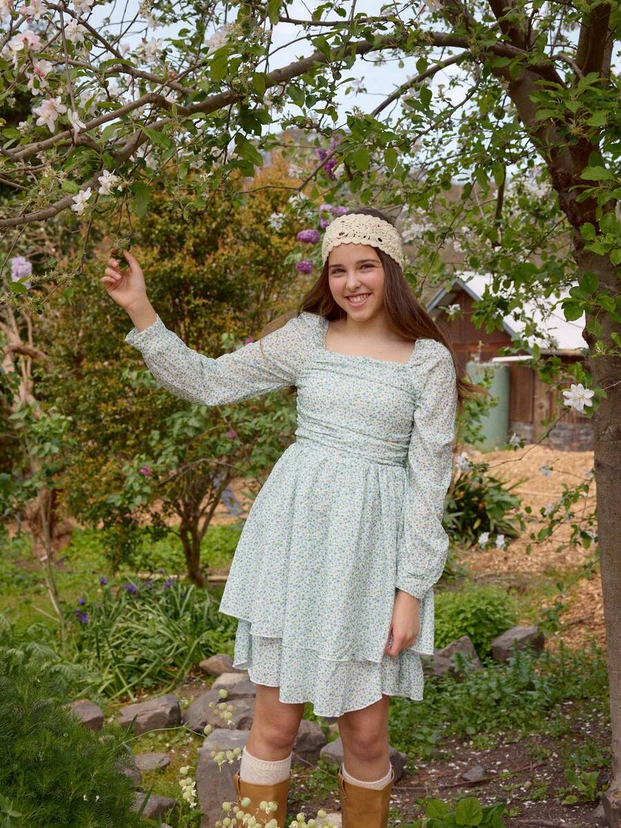 Teen Girls' Spring/Autumn Gingham Print Fitted Bubble Sleeve Crew Neck Casual Dress For Outing, Party, Vacation - Baby Blue - View 1