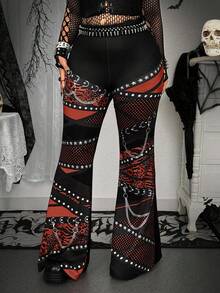 Flirla Plus Size Punk Digital Print Fashion Pants - Coffee Brown - View 3