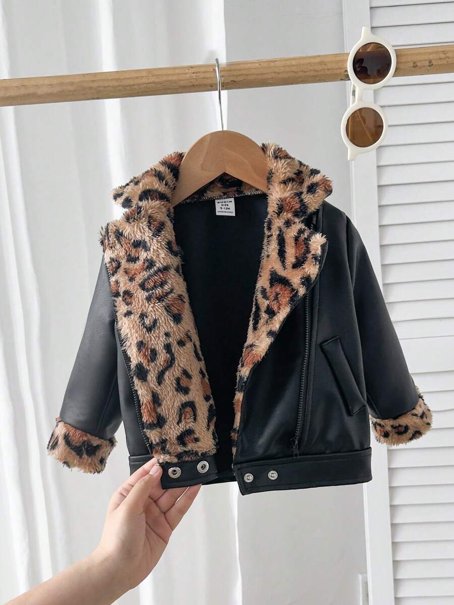 SHEIN Playful Pals Jaqueta de Bebê Menino de Couro Sintético com Retalhos de Pelúcia, Jaqueta Casual e da Moda para Bebê Menino