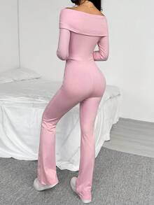 青少年女孩休闲百搭运动街头风露肩长袖喇叭裤连体裤 - 粉色 - 查看 2
