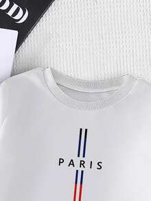 2 件男童图案 T 恤休闲舒适运动衫套装、字母印花上衣、长袖衬衫和运动裤，适合秋冬 - 彩色 - 查看 4