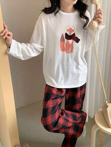 优雅简约少女冬季狐狸印花刺绣白色上衣和红黑格子裤休闲舒适长袖家居服两件套 - 紅色 - 查看 5