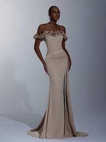 Elitara 优雅杏色简约亮面缎面 3D 花卉露肩美人鱼下摆侧垂高开衩礼服，适合所有正式场合、毕业典礼、婚礼、晚会 - 香檳色 - 查看 8