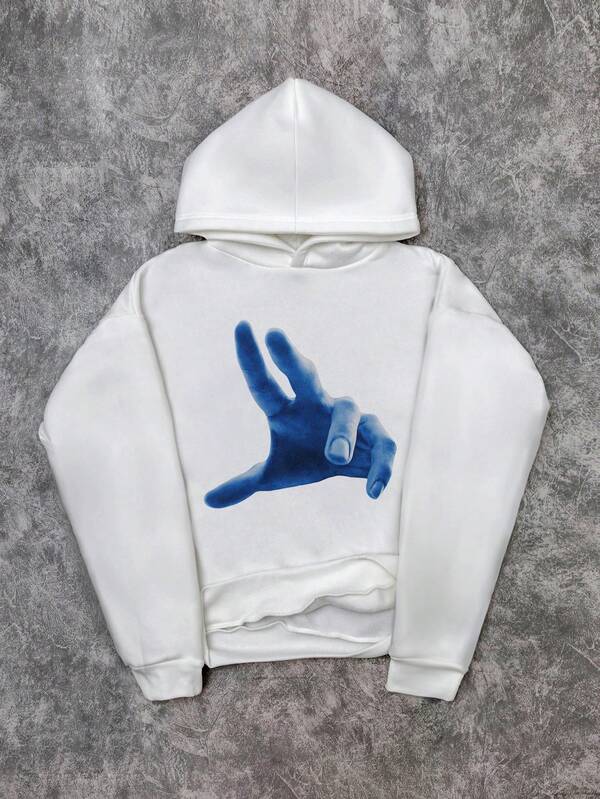 Manfinity ZONE917 Standard Size Cool Hand Gesture Print White Cropped Loose Fit Drop Shoulder Hoodie, Suitable For Autumn/Winter