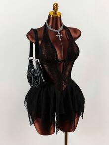 Y2K Amplova Black Deep V-Neck Backless Lace Patchwork Asymmetrical Punk Sexy Hem Sweet & Chic Street Style Mini Dress For Young Girls ,Autumn/Winter Thanksgiving And New Year,Party Dresses For Women,Christmas Party Dress,Party Dresses For Women,Dresses For Women Party - Black - View 7