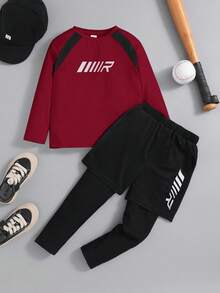 SHEIN 男童宽松休闲圆领拼色长袖T恤和裤子，2件套运动套装男童运动服儿童健身服男童运动服儿童运动服