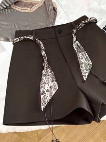 Franclia Plus Size Women's Autumn/Winter New Waist Belt Accessory Shorts, Elegant Commuter Versatile Casual Straight Leg Shorts Brown Shorts Elegant Shorts Two Piece Shorts Short Outfits Lace Up Shorts - Brown - View 1