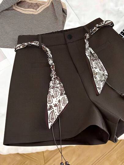 Franclia Plus Size Women's Autumn/Winter New Waist Belt Accessory Shorts, Elegant Commuter Versatile Casual Straight Leg Shorts Brown Shorts Elegant Shorts Two Piece Shorts Short Outfits Lace Up Shorts