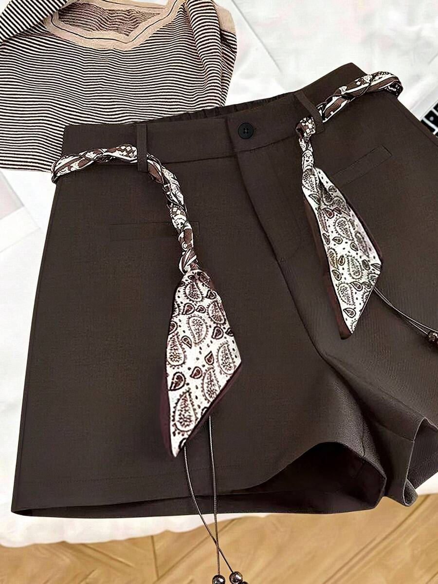 Franclia Plus Size Women's Autumn/Winter New Waist Belt Accessory Shorts, Elegant Commuter Versatile Casual Straight Leg Shorts Brown Shorts Elegant Shorts Two Piece Shorts Short Outfits Lace Up Shorts - Brown - View 1