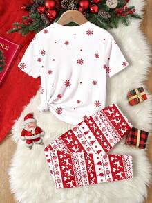 SHEIN Leap Crew 圣诞系列，复古红色圈圈绒鲁道夫，雪花费尔岛图案印花，少女休闲简约保暖柔软长袖睡衣套装，适合秋冬居家穿着，圣诞睡衣派对，女孩睡衣套装，红色圣诞睡衣，舒适合身单人睡衣，短袖舒适合身两件套睡衣，圣诞睡衣 - 彩色 - 查看 2