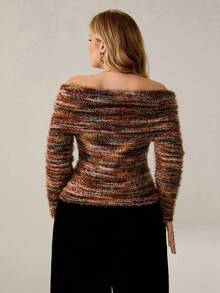 Auralis 大码女式性感优雅Y2K休闲露肩褶皱修身长袖针织毛衣，适合日常穿着，秋冬春季大码服装，大码套头衫，大码露肩上衣，露肩毛衣，大码毛衣，露肩长袖针织衫，针织上衣，女式毛衣，女式毛衣 - 棕色 - 查看 3