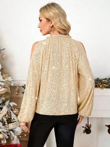 SHEIN Clasi 女式亮片长袖露肩上衣，适合派对、圣诞节、新年 - 金色 - 查看 2