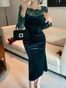 DAZY 女士秋季蕾丝拼接鱼尾保暖中长连衣裙舞会礼服 - 綠色 - 查看 6