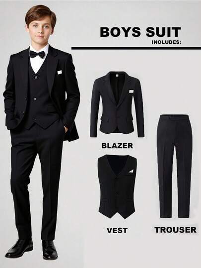 SHEIN 3pcs Teen Boy Gentleman High-End Elegant Fashion Handsome Stage Performance Host Outfit Set. Suit Jacket + Fitted Vest + Casual Pants
